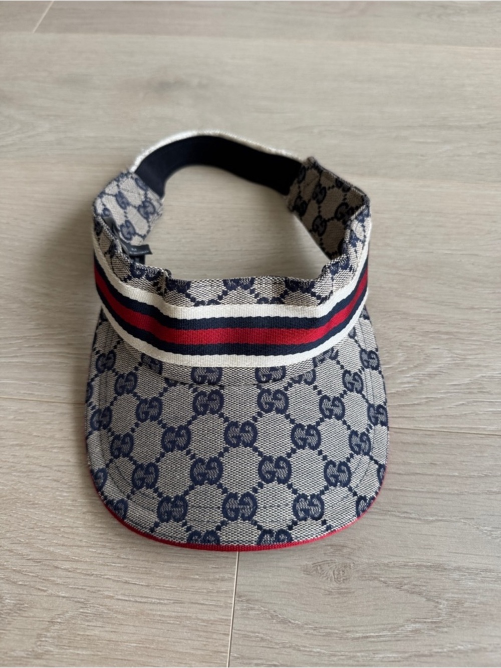 Gucci Navy and Beige GG Canvas Visor with Red and Blue Web